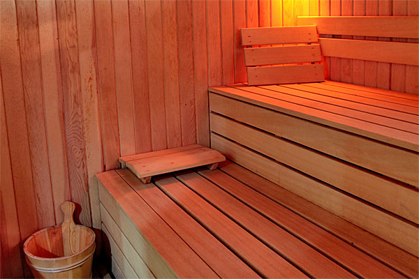 The inside of a sauna in the spa at Steel Fitness Premier.